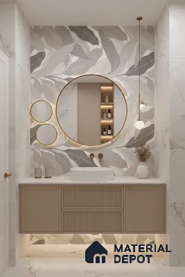 Modern bathroom design with leaf-patterned tile, beige fluted vanity, and white marble tiles in Bengaluru | Material Depot