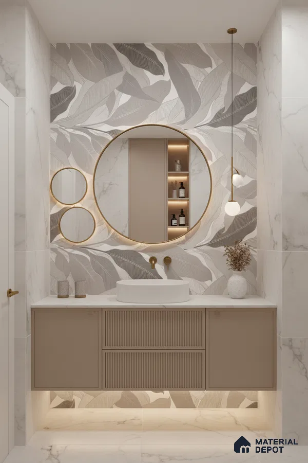 Modern bathroom design with leaf-patterned tile, beige fluted vanity, and white marble tiles in Bengaluru | Material Depot