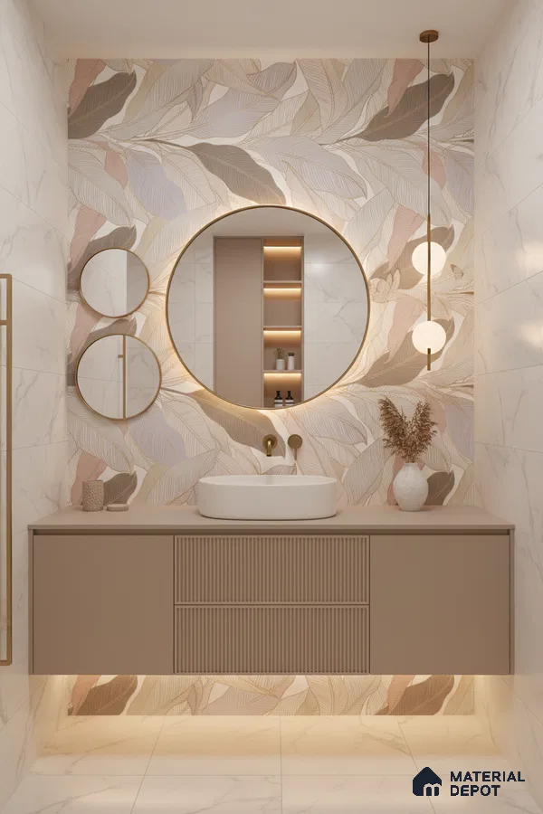 Modern bathroom design with leaf-patterned tile, beige fluted vanity, and white marble wall tiles in Bengaluru | Material Depot
