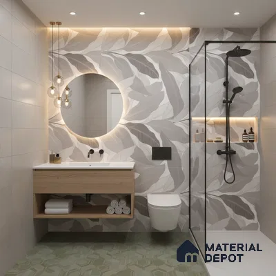 Modern bathroom design with leaf-patterned wall tiles, light wood vanity, and green hexagonal floor tiles in Bengaluru | Material Depot