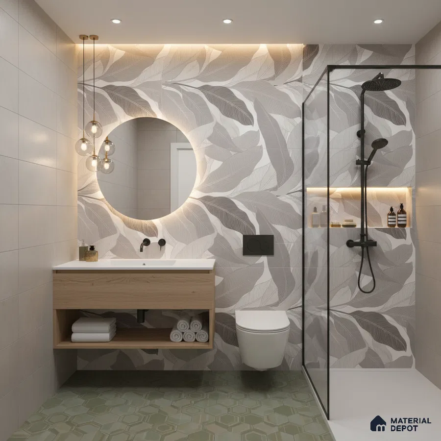 Modern bathroom design with leaf-patterned wall tiles, light wood vanity, and green hexagonal floor tiles in Bengaluru | Material Depot