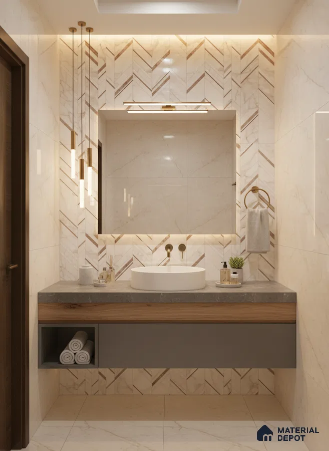 Modern bathroom with marble chevron wall tiles, grey stone countertop, and wood accent vanity | Material Depot