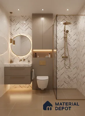 Modern bathroom with marble herringbone wall tiles, taupe floating vanity, and beige floor tiles | Material Depot