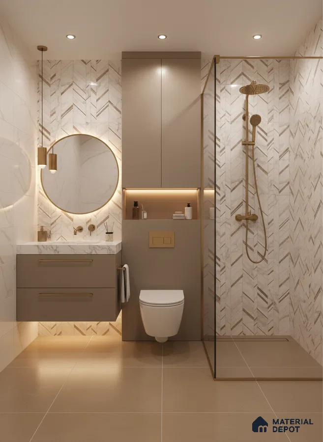 Modern bathroom with marble herringbone wall tiles, taupe floating vanity, and beige floor tiles | Material Depot