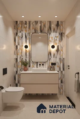 Modern bathroom with marble highlighter wall tiles and beige matte floor tiles | Material Depot