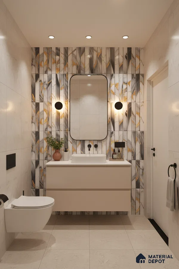 Modern bathroom with marble highlighter wall tiles and beige matte floor tiles | Material Depot