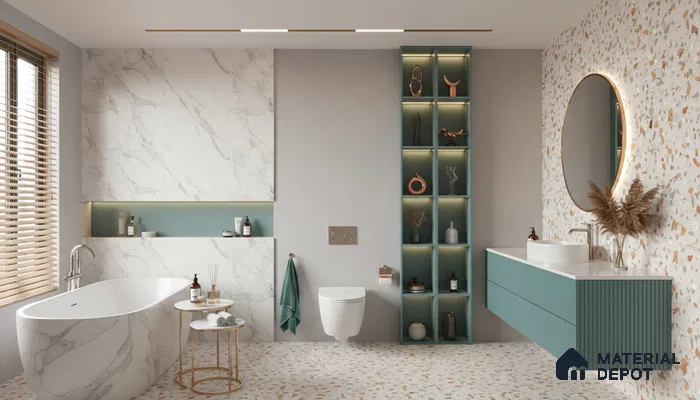 Modern bathroom design with marble-look tiles, teal fluted vanity, and terrazzo wall and floor tiles in Bengaluru | Material Depot