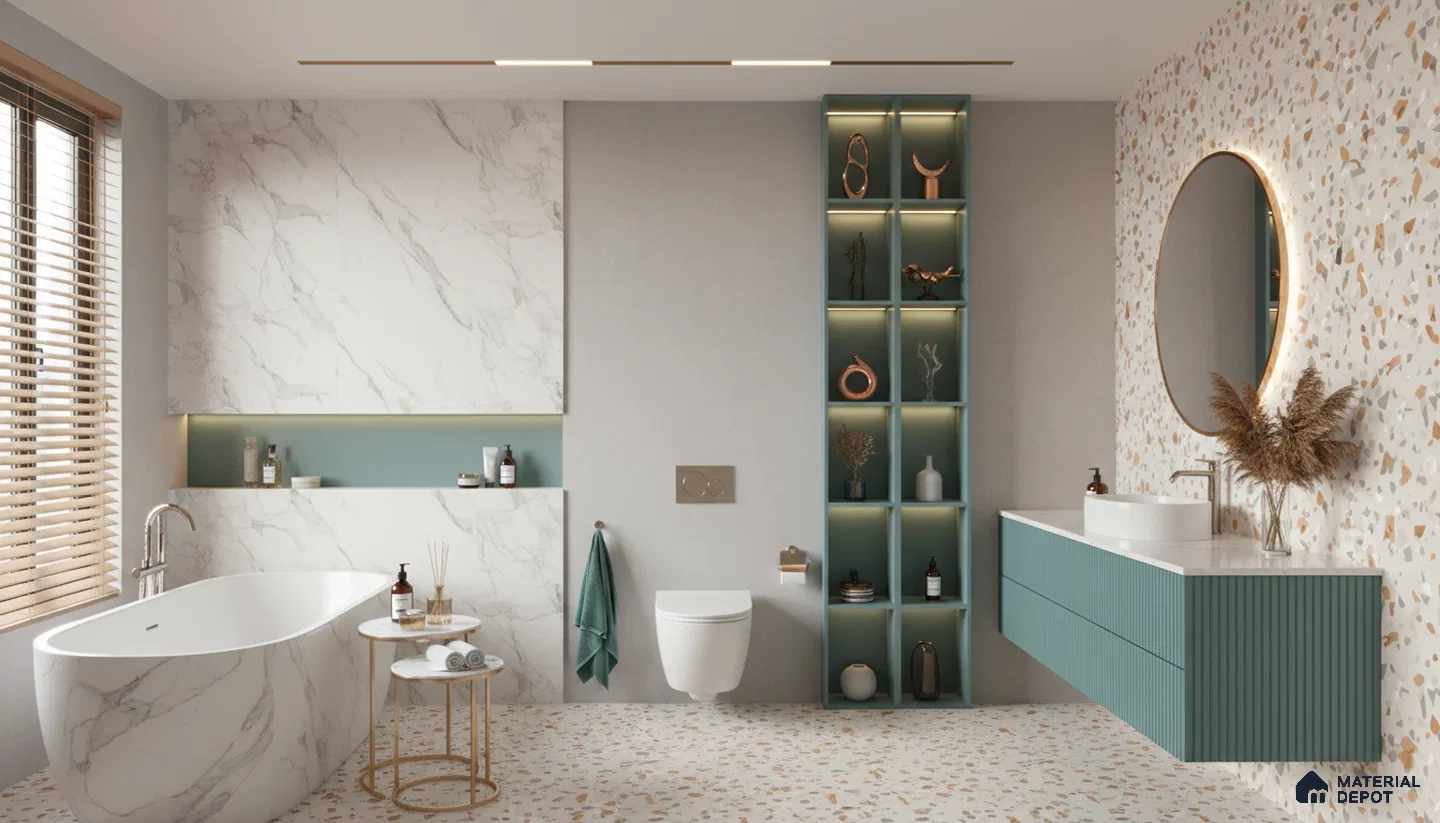 Modern bathroom design with marble-look tiles, teal fluted vanity, and terrazzo wall and floor tiles in Bengaluru | Material Depot