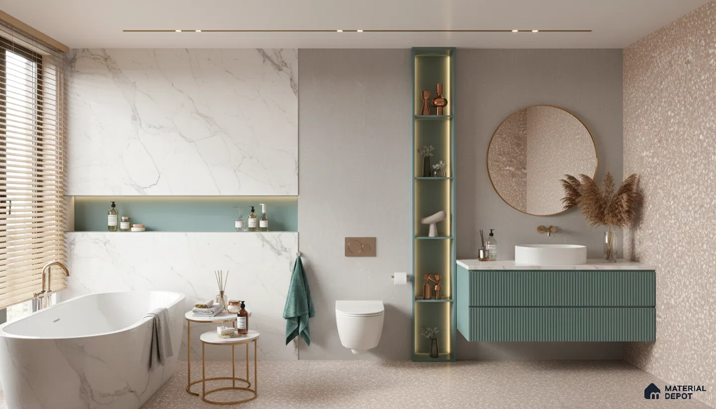 Modern bathroom design with marble-look wall tiles, sage green fluted vanity, terrazzo floor tiles in Bengaluru | Material Depot