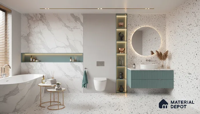 Modern bathroom design with marble-look wall tiles, terrazzo floor and wall tiles, and teal fluted vanity in Bengaluru | Material Depot
