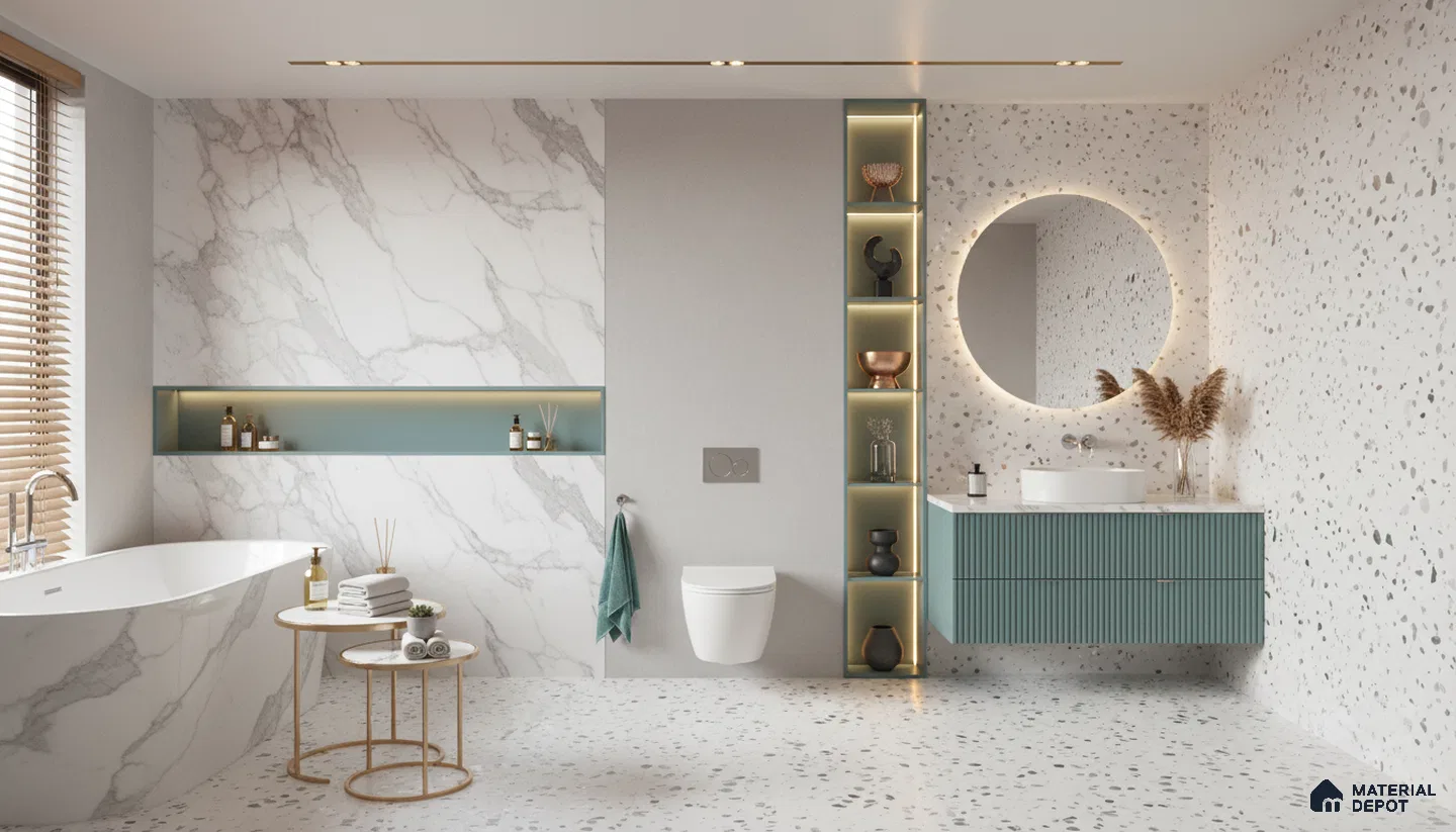 Modern bathroom design with marble-look wall tiles, terrazzo floor and wall tiles, and teal fluted vanity in Bengaluru | Material Depot