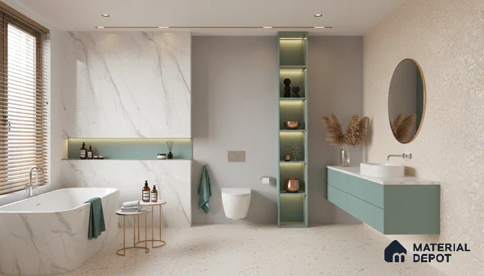 Modern bathroom design with marble-look wall tiles, terrazzo floor tiles, and sage green fluted vanity in Bengaluru | Material Depot