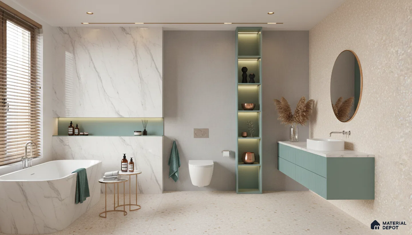 Modern bathroom design with marble-look wall tiles, terrazzo floor tiles, and sage green fluted vanity in Bengaluru | Material Depot
