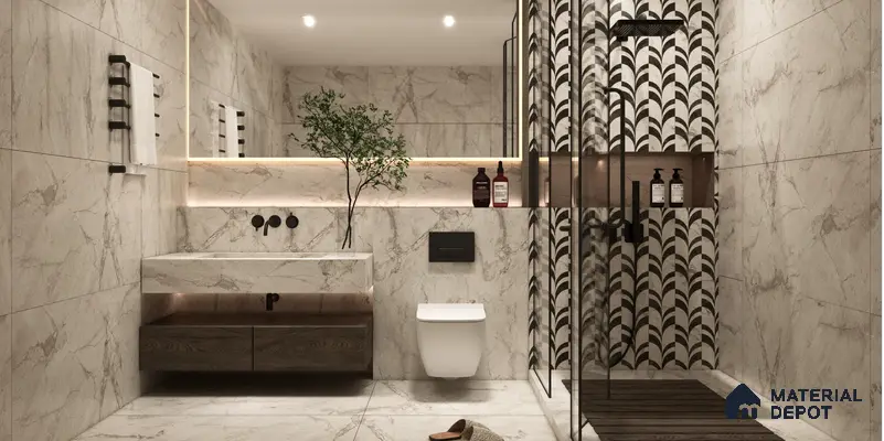 Modern Bathroom with Marble Tiles and Bold Geometric Shower Wall | Material Depot