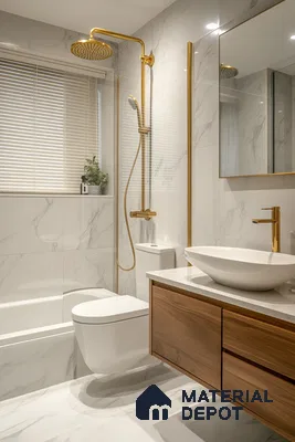 Modern Bathroom with Marble Tiles and Gold Fixtures | Material Depot
