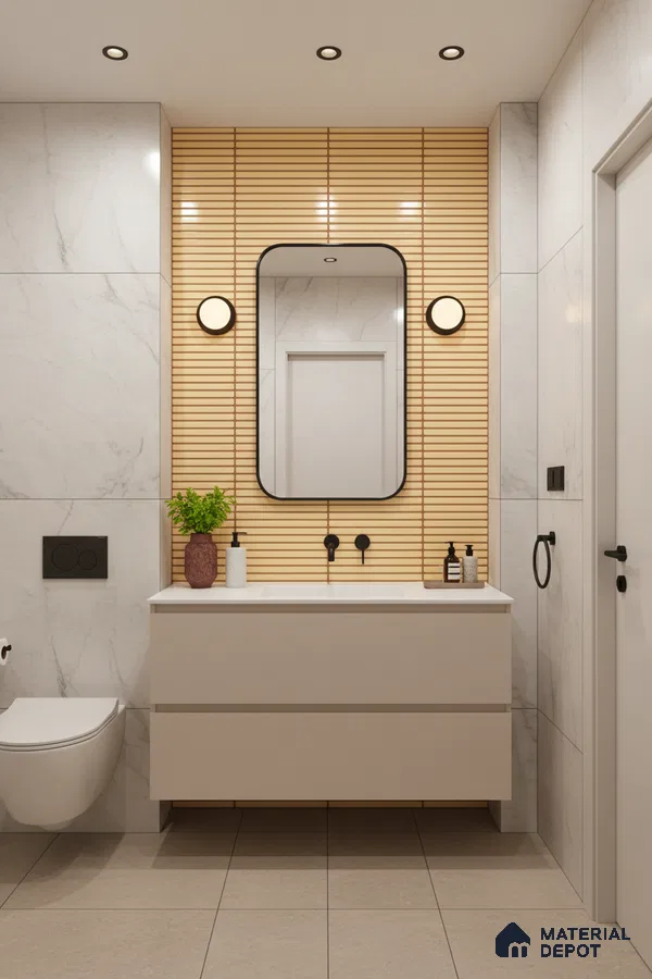 Modern bathroom with marble wall tiles, beige floor tiles, and light wood fluted wall panel behind vanity | Material Depot
