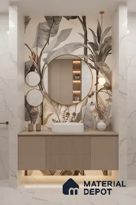 Modern bathroom design with marble wall tiles, beige fluted vanity, and botanical tile accent in Bengaluru | Material Depot