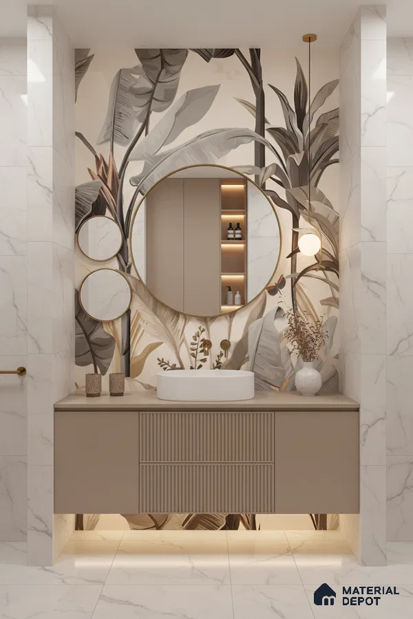 Modern bathroom design with marble wall tiles, beige fluted vanity, and botanical tile accent in Bengaluru | Material Depot