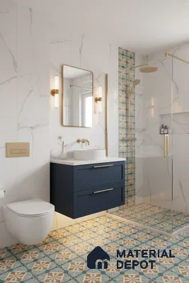 Modern bathroom with marble wall tiles, blue and beige patterned floor tiles, and gold accents in Bengaluru | Material Depot