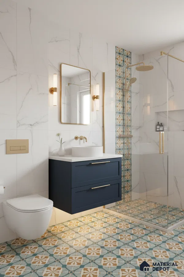 Modern bathroom with marble wall tiles, blue and beige patterned floor tiles, and gold accents in Bengaluru | Material Depot