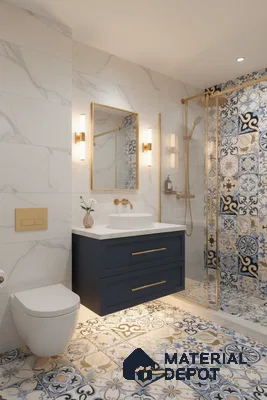 Modern bathroom with marble wall tiles, blue and gold patterned moroccan floor and shower tiles, and navy vanity in Bengaluru | Material Depot