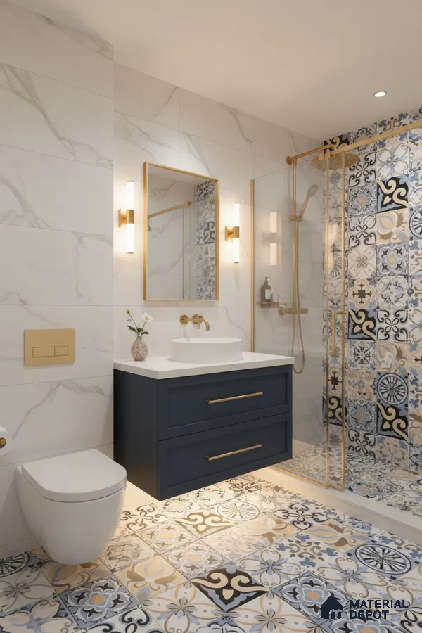 Modern bathroom with marble wall tiles, blue and gold patterned moroccan floor and shower tiles, and navy vanity in Bengaluru | Material Depot