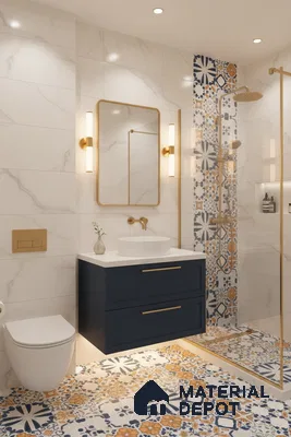 Modern bathroom with marble wall tiles, blue and ochre patterned moroccan floor tiles, and gold accents in Bengaluru | Material Depot
