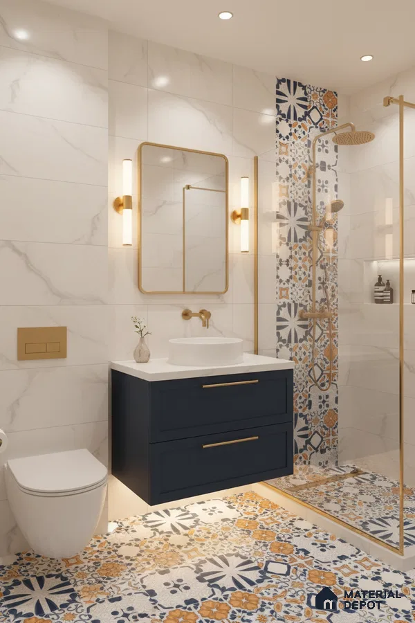 Modern bathroom with marble wall tiles, blue and ochre patterned moroccan floor tiles, and gold accents in Bengaluru | Material Depot