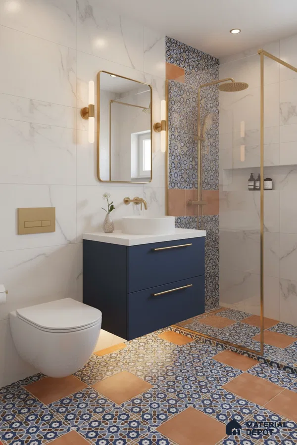 Modern bathroom with marble wall tiles, blue and terracotta patterned floor tiles, and gold accents in Bengaluru | Material Depot