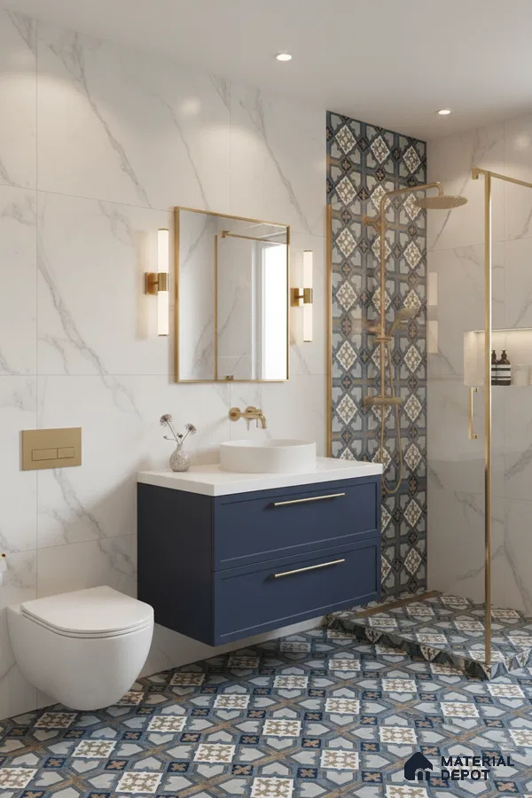 Modern bathroom with marble wall tiles, blue patterned floor tiles, and gold accents in Bengaluru | Material Depot