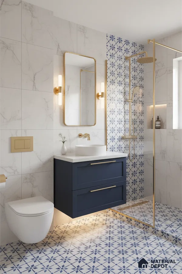 Modern bathroom with marble wall tiles, blue patterned floor tiles, and gold accents in Bengaluru | Material Depot
