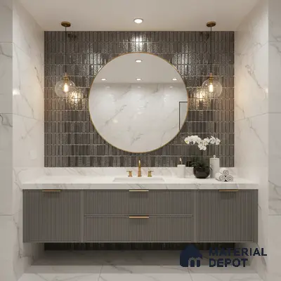Modern bathroom with marble wall tiles, fluted grey vanity, and glossy black subway accent tiles