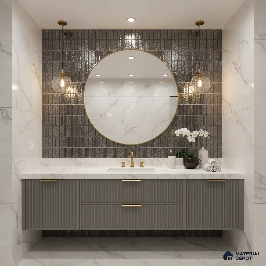 Modern bathroom with marble wall tiles, fluted grey vanity, and glossy black subway accent tiles