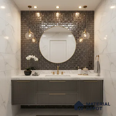 Modern bathroom with marble wall tiles, glossy black mosaic tile accent wall, and fluted grey vanity