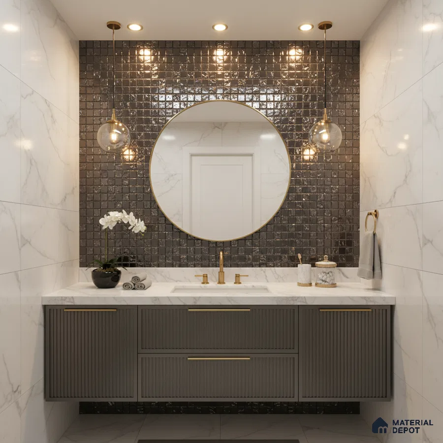 Modern bathroom with marble wall tiles, glossy black mosaic tile accent wall, and fluted grey vanity
