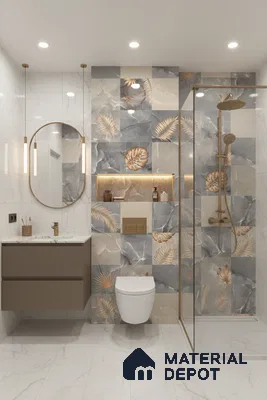 Modern bathroom with marble wall tiles, gold-accented floral highlighter tiles, and floating vanity | Material Depot