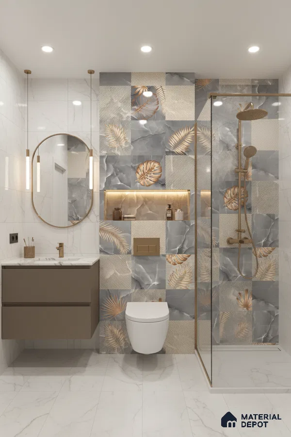 Modern bathroom with marble wall tiles, gold-accented floral highlighter tiles, and floating vanity | Material Depot