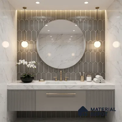 Modern bathroom with marble wall tiles, grey fluted vanity, and geometric patterned accent tile
