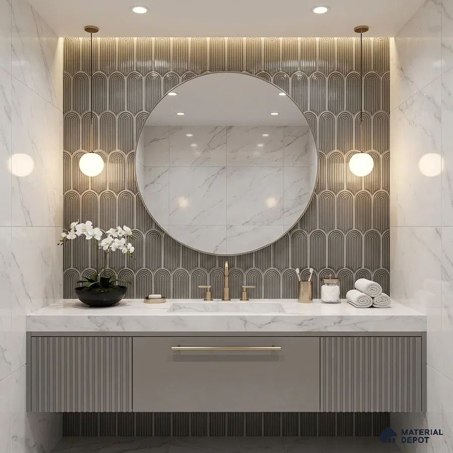 Modern bathroom with marble wall tiles, grey fluted vanity, and geometric patterned accent tile