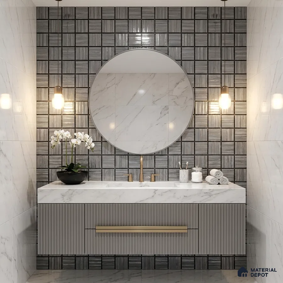 Modern bathroom with marble wall tiles, grey geometric accent tile, and fluted vanity