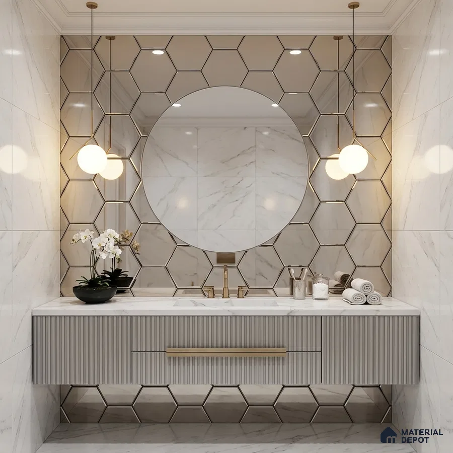 Modern bathroom with marble wall tiles, hexagonal mirror tile accent, and fluted vanity