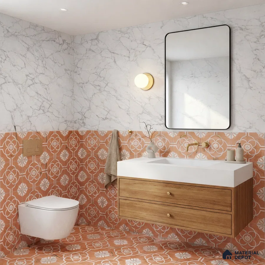 Modern bathroom with marble wall tiles, terracotta floral patterned tiles, and wood vanity