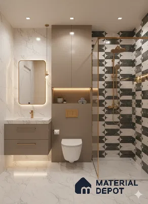 Modern bathroom with marble-look wall and floor tiles, taupe vanity, and geometric patterned shower wall tiles | Material Depot
