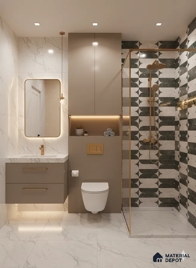 Modern bathroom with marble-look wall and floor tiles, taupe vanity, and geometric patterned shower wall tiles | Material Depot