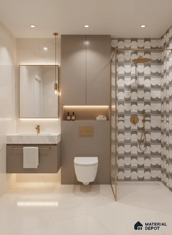Modern bathroom with marble-look wall and floor tiles, taupe vanity, and geometric patterned shower wall tiles | Material Depot