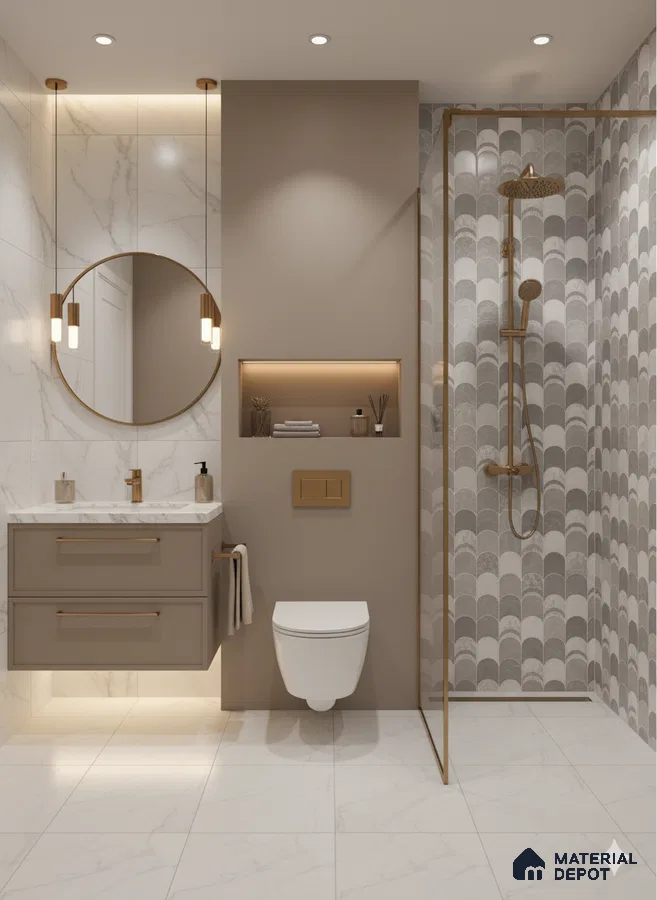 Modern bathroom with marble-look wall and floor tiles, taupe vanity, and scallop patterned shower wall tiles | Material Depot