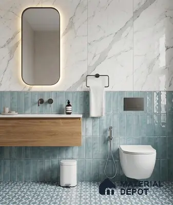 Modern bathroom with marble-look wall tile, blue vertical subway wall tile, and geometric patterned floor tile