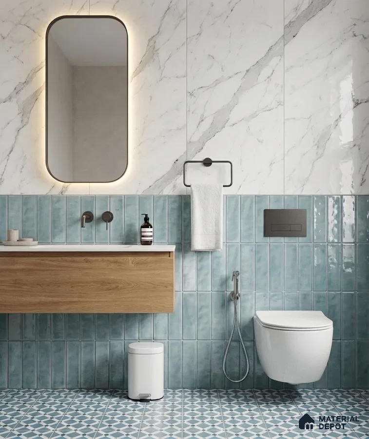 Modern bathroom with marble-look wall tile, blue vertical subway wall tile, and geometric patterned floor tile