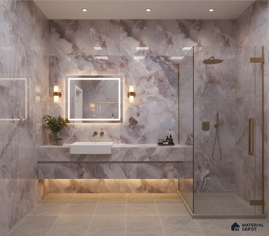 Modern bathroom with marble-look wall tiles and beige floor tiles | Material Depot