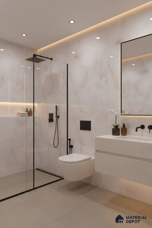 Modern bathroom with marble-look wall tiles and beige matte floor tiles | Material Depot